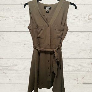 DKNY Ladies Sleeveless Tie Front Button Front Fit & Flare Dress EUC | Olive | 12
